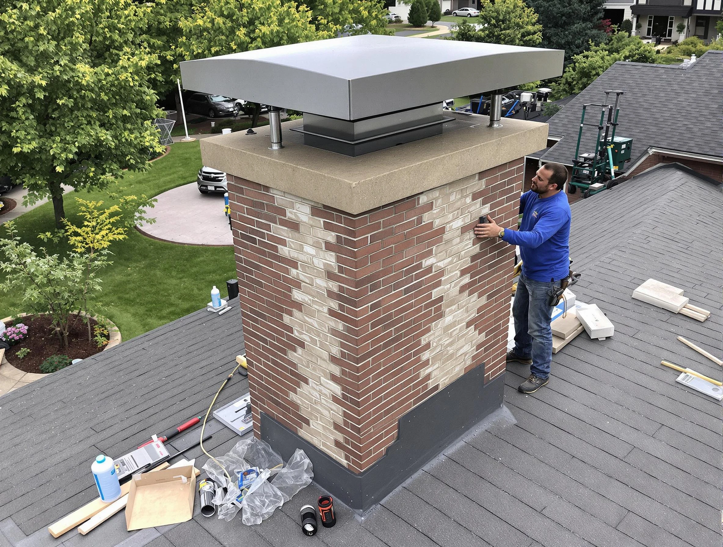 Washington Terrace Chimney Sweep team working on a custom chimney remodel in Washington Terrace, UT